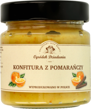 Słoik konfitury pomarańczowej Ogódek Dziadunia z cynamonem o obniżonej zawartości cukru, etykieta.