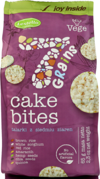 Lestello Vege 7 Grains cake bites: talarki z siedmiu ziaren w fioletowo-zielonej torbie, widok z przodu.