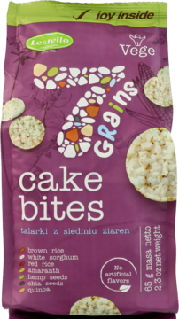 Lestello Vege 7 Grains cake bites: talarki z siedmiu ziaren w fioletowo-zielonej torbie, widok z przodu.