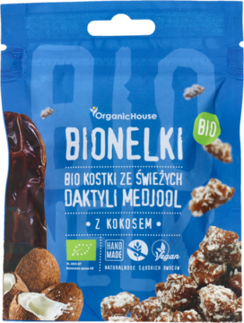 Niebieska torebka BIONELKI, BIO kostki z daktyli Medjool z kokosem. Widok z przodu, z etykietą wegan i bez glutenu.