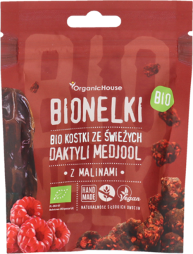 Czerwona torebka BIONELKI Organic House, bio kostki z daktyli medjool z malinami, widok z przodu.