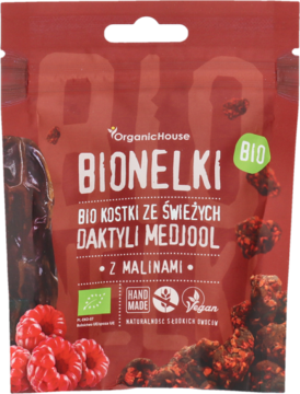 Czerwona torebka BIONELKI Organic House, bio kostki z daktyli medjool z malinami, widok z przodu.