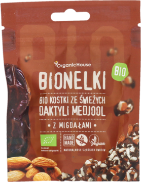Pionowa brązowa torebka OrganicHouse BIONELKI, bio kostki z daktyli Medjool i migdałów. Widok z przodu.
