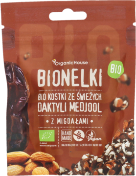 Pionowa brązowa torebka OrganicHouse BIONELKI, bio kostki z daktyli Medjool i migdałów. Widok z przodu.