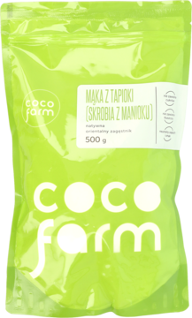 Zielona torebka mąki z tapioki Coco Farm (skrobia z manioku), orientalny zagęstnik, 500g, widok z przodu.