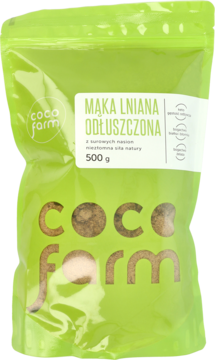Zielona foliowa torebka Coco Farm Mąka Lniana Odtłuszczona 500g, z brązowym logo, widok z przodu.