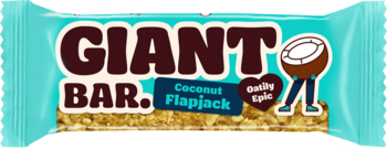 Baton zbożowy GIANT BAR Coconut Flapjack w turkusowym opakowaniu, z grafiką kokosa i widocznymi płatkami.