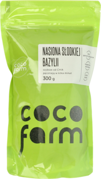 Pionowa zielona torebka Coco Farm z nasionami słodkiej bazylii 300g, z białą etykietą i hasłem 'szybciej od chia'.
