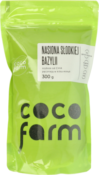 Pionowa zielona torebka Coco Farm z nasionami słodkiej bazylii 300g, z białą etykietą i hasłem 'szybciej od chia'.