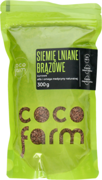 Zielona torebka COCO farm z brązowym siemieniem lnianym 300g. Opakowanie z przezroczystym oknem, widok z przodu.