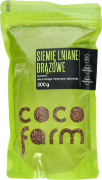 Zielona torebka COCO farm z brązowym siemieniem lnianym 300g. Opakowanie z przezroczystym oknem, widok z przodu.