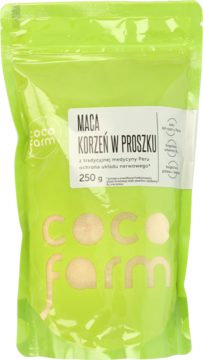 Zielona stojąca torebka Coco Farm Maca Korzeń w Proszku 250g, widok z przodu, z etykietą Peru.