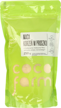 Zielona stojąca torebka Coco Farm Maca Korzeń w Proszku 250g, widok z przodu, z etykietą Peru.