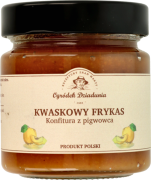 Słoik konfitury z pigwowca "Kwaskowy Frykas" Ogródek Dziadunia, z beżową etykietą i grafiką pigwy, widok z przodu.