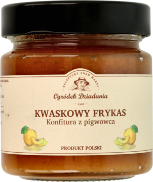 Słoik konfitury z pigwowca "Kwaskowy Frykas" Ogródek Dziadunia, z beżową etykietą i grafiką pigwy, widok z przodu.