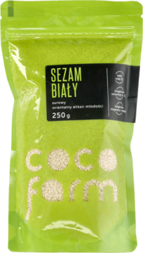 Zielona stojąca torebka Coco Farm z białym sezamem surowym 250g, widok z przodu.
