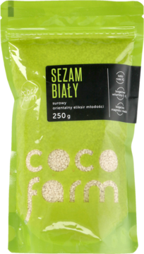 Zielona stojąca torebka Coco Farm z białym sezamem surowym 250g, widok z przodu.