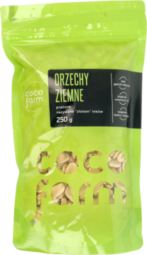Zielona torebka Coco Farm z prażonymi orzechami ziemnymi 250g, widok z przodu, nazwane "złotem Inków".