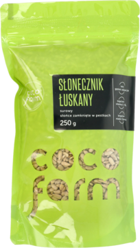 Słonecznik łuskany Coco Farm, surowy, w jasnozielonej, błyszczącej torebce stojącej 250g, widok z przodu.