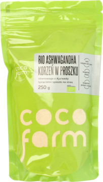 Jasnozielona torebka Coco Farm BIO Ashwagandha korzeń w proszku 250g, widok z przodu, z białym logo i opisem.