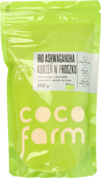 Jasnozielona torebka Coco Farm BIO Ashwagandha korzeń w proszku 250g, widok z przodu, z białym logo i opisem.