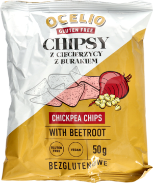 Opakowanie Ocelio Chickpea Chips with Beetroot, biało-żółte, z grafiką chipsów, buraka i ciecierzycy, 50g, gluten-free.