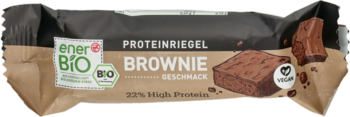 enerBiO baton proteinowy brownie, wegański, 93% białka, BIO, brązowe opakowanie, widok z odłamanym kawałkiem.
