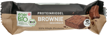 enerBiO baton proteinowy brownie, wegański, 93% białka, BIO, brązowe opakowanie, widok z odłamanym kawałkiem.