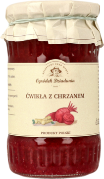 Szklany słoik ćwikły z chrzanem 350g, z czerwoną zawartością i kremową etykietą, widok z przodu.