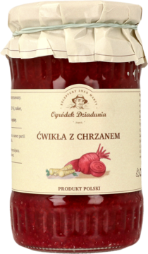 Szklany słoik ćwikły z chrzanem 350g, z czerwoną zawartością i kremową etykietą, widok z przodu.