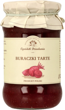 Szklany słoik ciemnoczerwonych buraczków tartych Ogródek Dziadunia, z beżową etykietą i papierowym wieczkiem, widok z przodu.