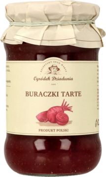 Szklany słoik ciemnoczerwonych buraczków tartych Ogródek Dziadunia, z beżową etykietą i papierowym wieczkiem, widok z przodu.