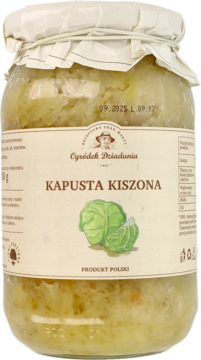 Szklany słoik kapusty kiszonej Ogródek Dziadunia, beżowa etykieta z grafiką kapusty, widok frontalny.