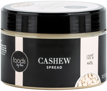 Słoik pasty z nerkowców Foods by Ann, czarne wieczko i beżowa etykieta z napisem CASHEW SPREAD.