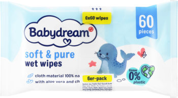 Białe opakowanie chusteczek nawilżanych Babydream soft & pure, 60 sztuk, z rysunkiem foki, 0% plastiku.