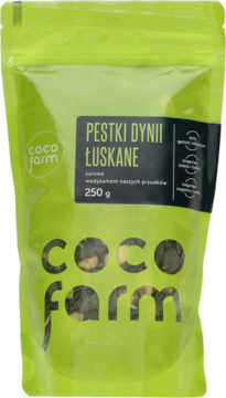 Zielone opakowanie Coco Farm, łuskane pestki dyni 250g, z czarną etykietą i widocznym produktem.