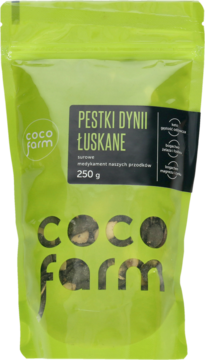 Zielone opakowanie Coco Farm, łuskane pestki dyni 250g, z czarną etykietą i widocznym produktem.
