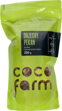 Zielona torebka Coco Farm Orzechy Pekan surowe 250g z widocznymi orzechami, widok z przodu.