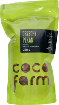Zielona torebka Coco Farm Orzechy Pekan surowe 250g z widocznymi orzechami, widok z przodu.