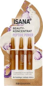 ISANA Beauty-Konzentrat Peptide Power, 6 brązowych ampułek w białym opakowaniu na tle z fioletowymi plamami.