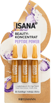 ISANA Beauty-Koncentrat Peptide Power, 3 złote ampułki serum w beżowym kartonowym opakowaniu, widok z przodu.