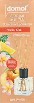 domol Tropical Kiss odświeżacz powietrza w brzoskwiniowym opakowaniu z owocami i kwiatami, widok z przodu.