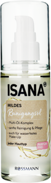 ISANA Łagodny Olejek Oczyszczający 100ml, przezroczysta butelka z białą pompką, do demakijażu i pielęgnacji skóry.