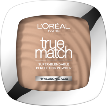 Puder do twarzy L'Oréal Paris True Match Perfecting Powder, beżowy kompakt z kwasem hialuronowym, widok z góry.
