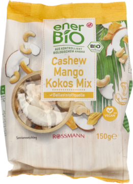 EnerBio Cashew Mango Kokos Mix 150g, jasne opakowanie z zielonym logo i widocznymi owocami i orzechami.