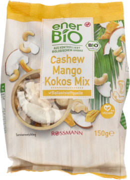EnerBio Cashew Mango Kokos Mix 150g, jasne opakowanie z zielonym logo i widocznymi owocami i orzechami.
