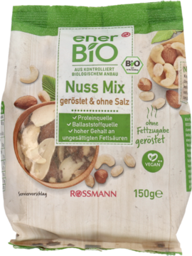 enerBiO Nuss Mix, prażone orzechy bez soli, w zielonej torbie 150g z oknem pokazującym mieszankę orzechów.