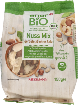 enerBiO Nuss Mix, prażone orzechy bez soli, w zielonej torbie 150g z oknem pokazującym mieszankę orzechów.