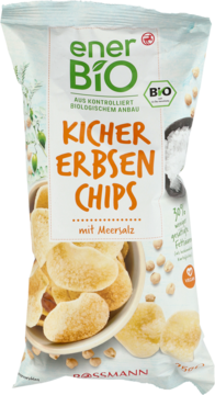 Frontalny widok torebki enerBio Chipsów z ciecierzycy z solą morską, z beżowymi chipsami w misce.