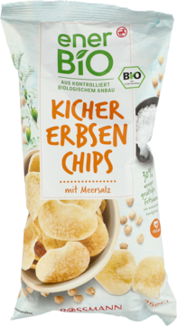 Frontalny widok torebki enerBio Chipsów z ciecierzycy z solą morską, z beżowymi chipsami w misce.